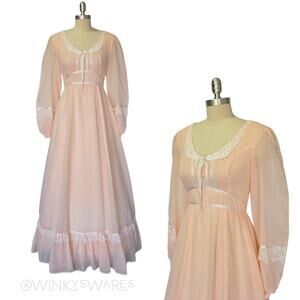 Gunne Sax Peach Pink Maxi Dress Size 9 S Prairie Vintage 70s Bridgerton Empire